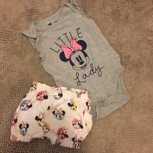 Minnie Mouse onesie and shorts
